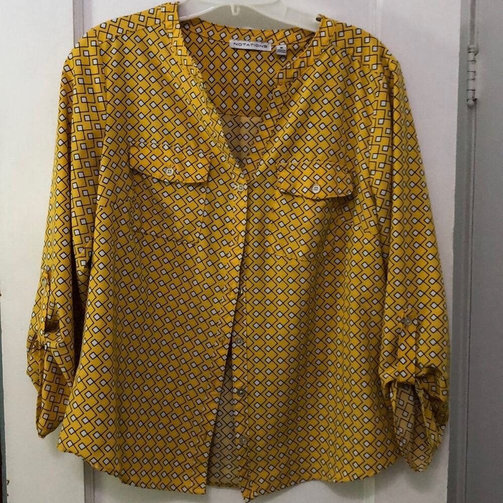 Notations Womens M Button Down V-Neck Blouse Yellow Black Geometric